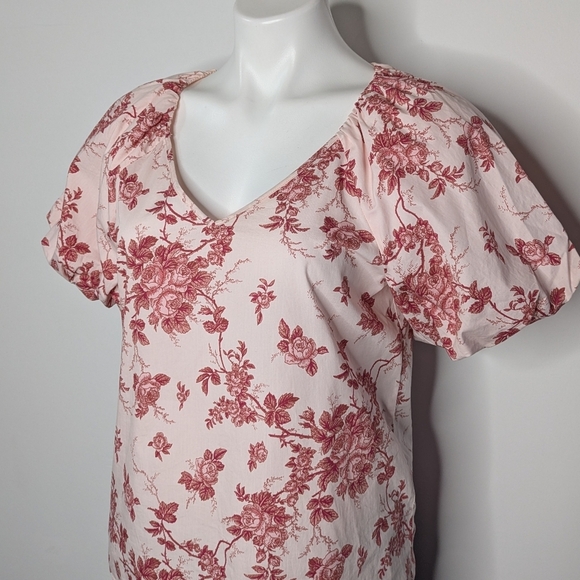 Banana Republic Pink Red Floral Rose Puff Sleeve V Neck Cotton Blouse S - Picture 2 of 8
